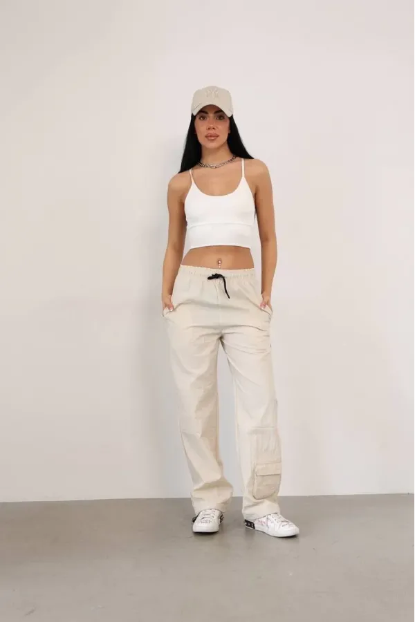Paraşüt Kumaş Kargo Ceplı Baggy Eşofman- Bej