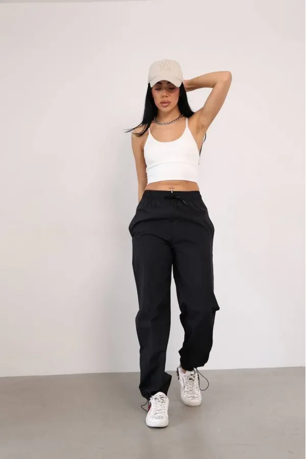Paraşut Kumaş Paça Cepli Baggy Eşofman - Siyah