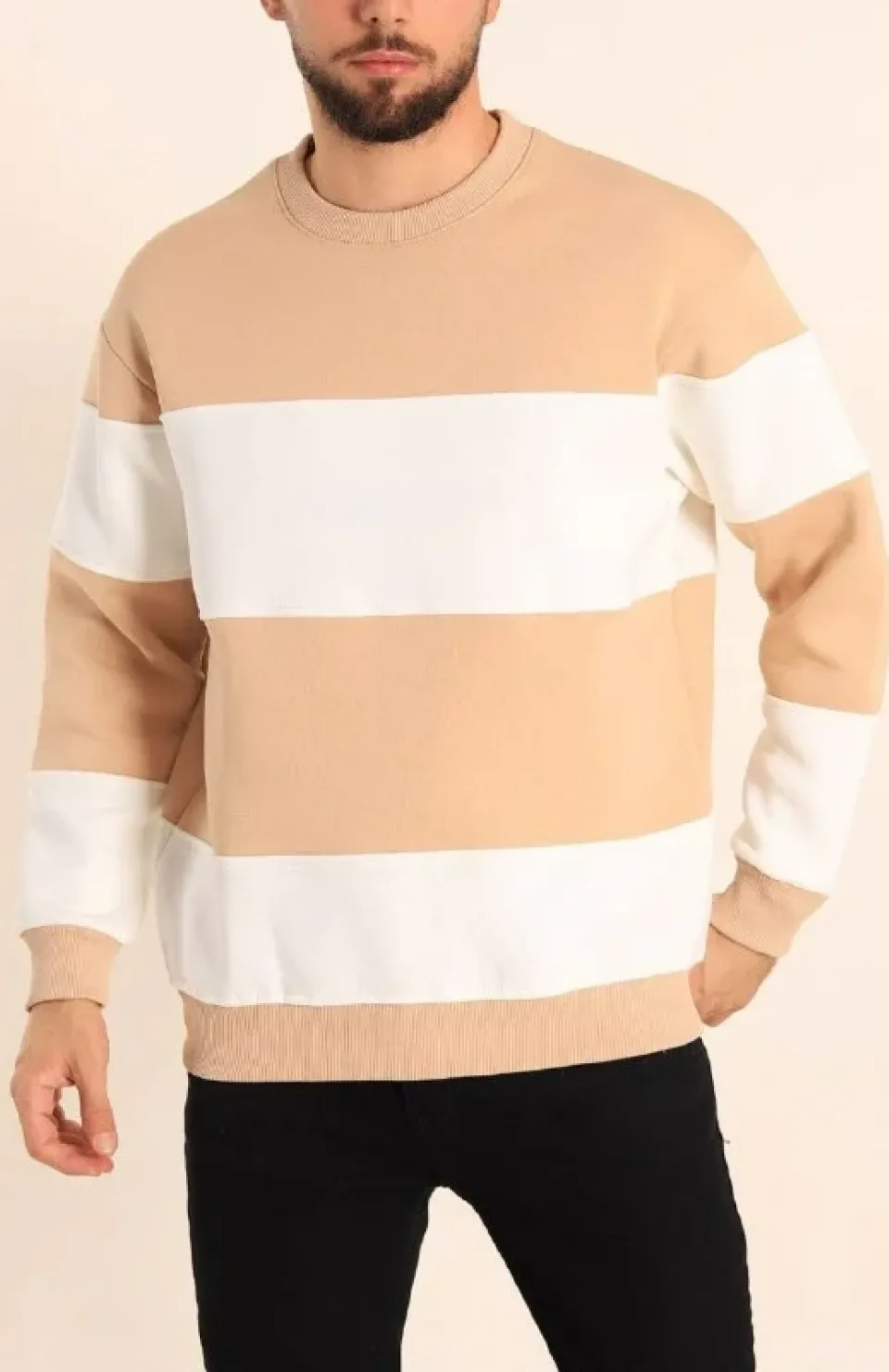 Parçalı Bisiklet Yaka Baskılı SweatShirt - Bej