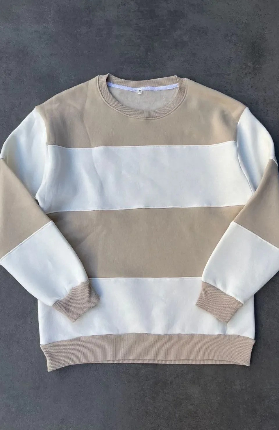 Parçalı Bisiklet Yaka Baskılı SweatShirt - Bej