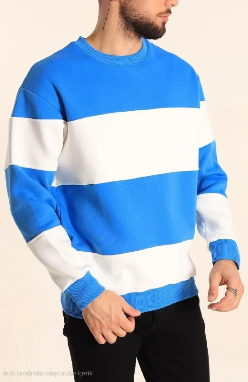 Parçalı Bisiklet Yaka Baskılı SweatShirt - Mavi