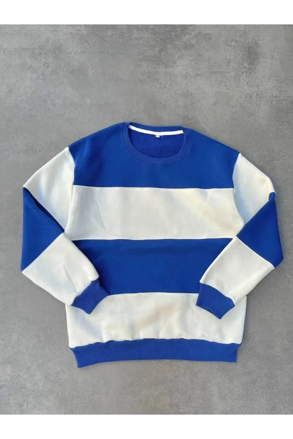 Parçalı Bisiklet Yaka Baskılı SweatShirt - Mavi