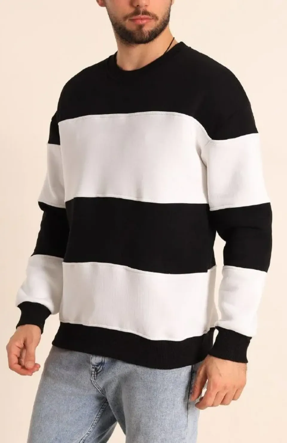 Parçalı Bisiklet Yaka Baskılı SweatShirt - Siyah