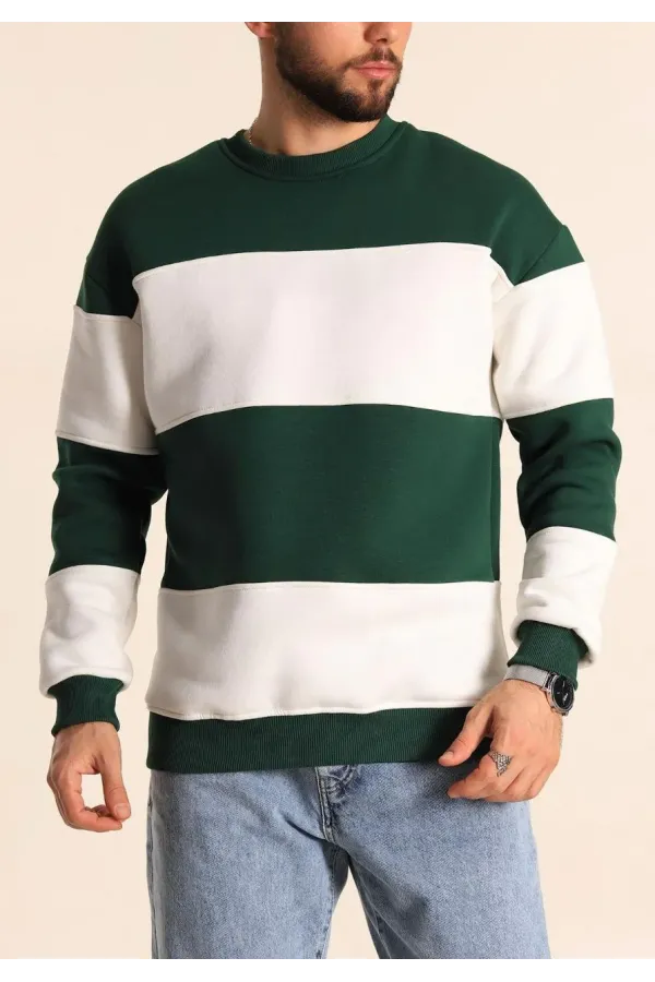 Parçalı Bisiklet Yaka Baskılı SweatShirt - Yeşil