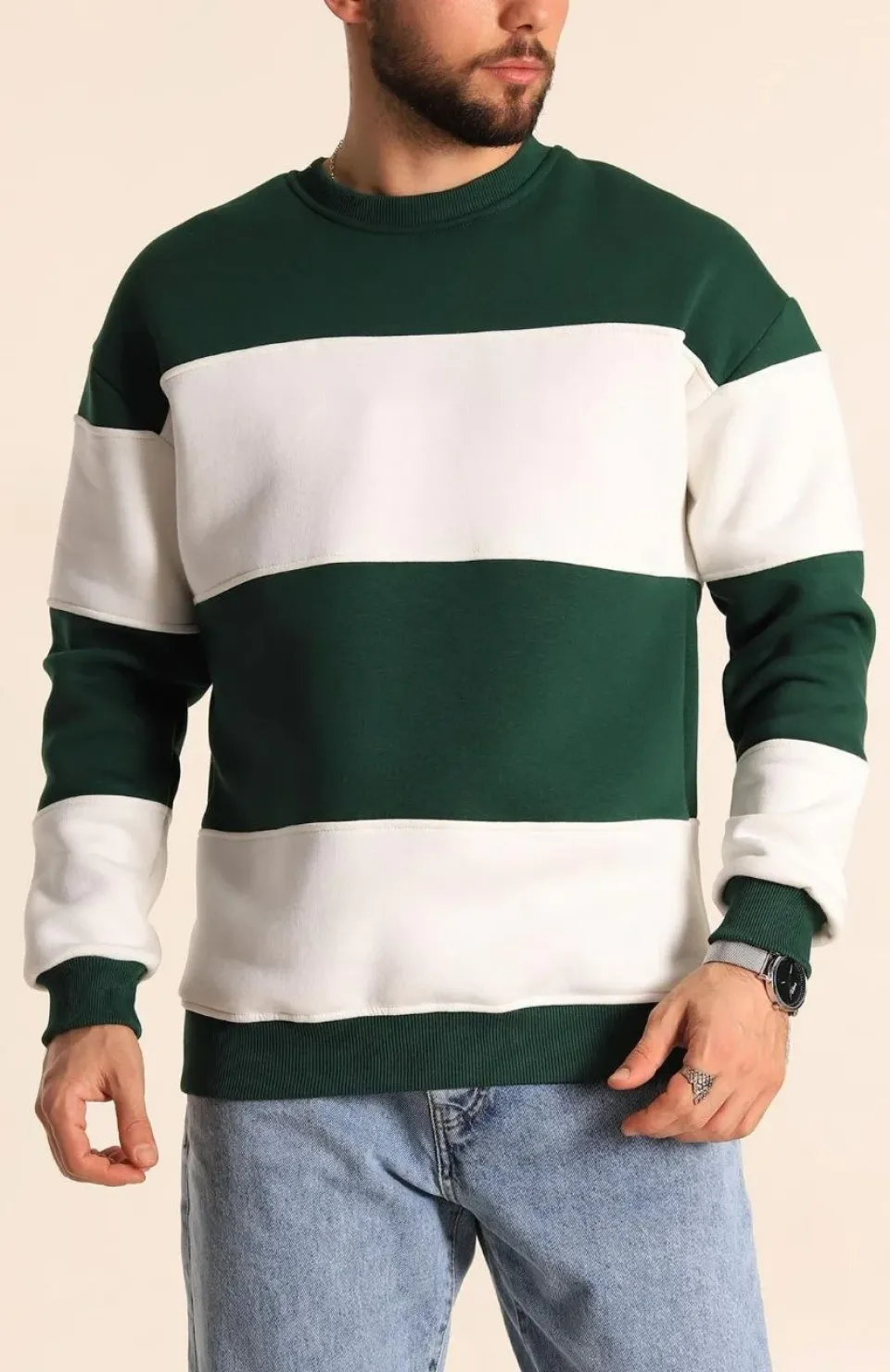 Parçalı Bisiklet Yaka Baskılı SweatShirt - Yeşil