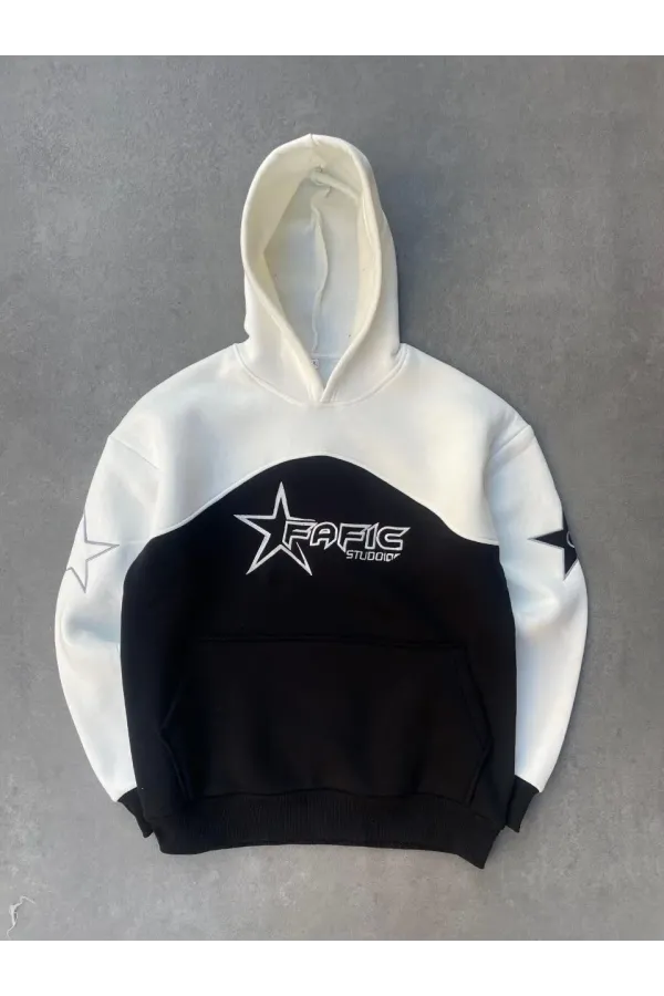 Parçalı Nakış İşlemelı Kapüşonlu SweatShirt - Beyaz