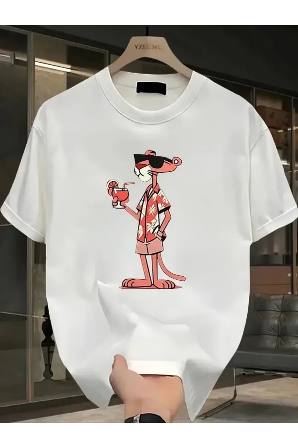 Pembe Panter Baskılı Erkek Oversize Günlük Kısa Kollu Tişört İlkbahar ve Yaz için Mükemmeldir - Beyaz