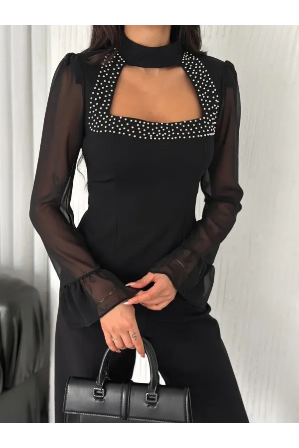 Penye Uzun Kollu Kadın Kolları Şifon Göğüste İnci Boncuk detaylı Bluz - Siyah