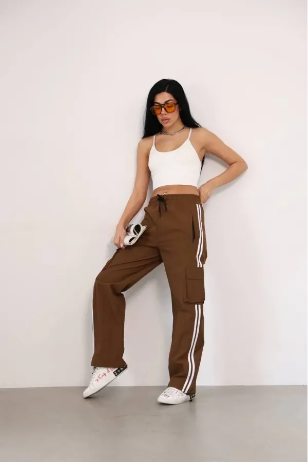 Praşut Kumaş Kargo Çeplı Baggy Esofman - Kahve