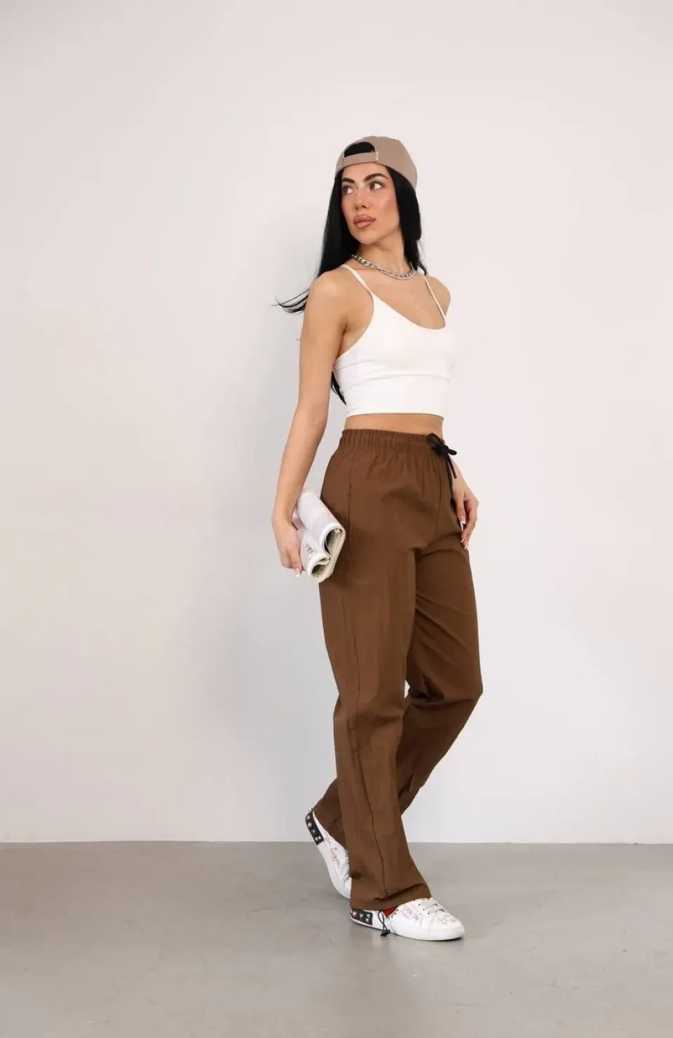 Praşut Kumaş Paça Cepli Baggy Eşofman - Kahve