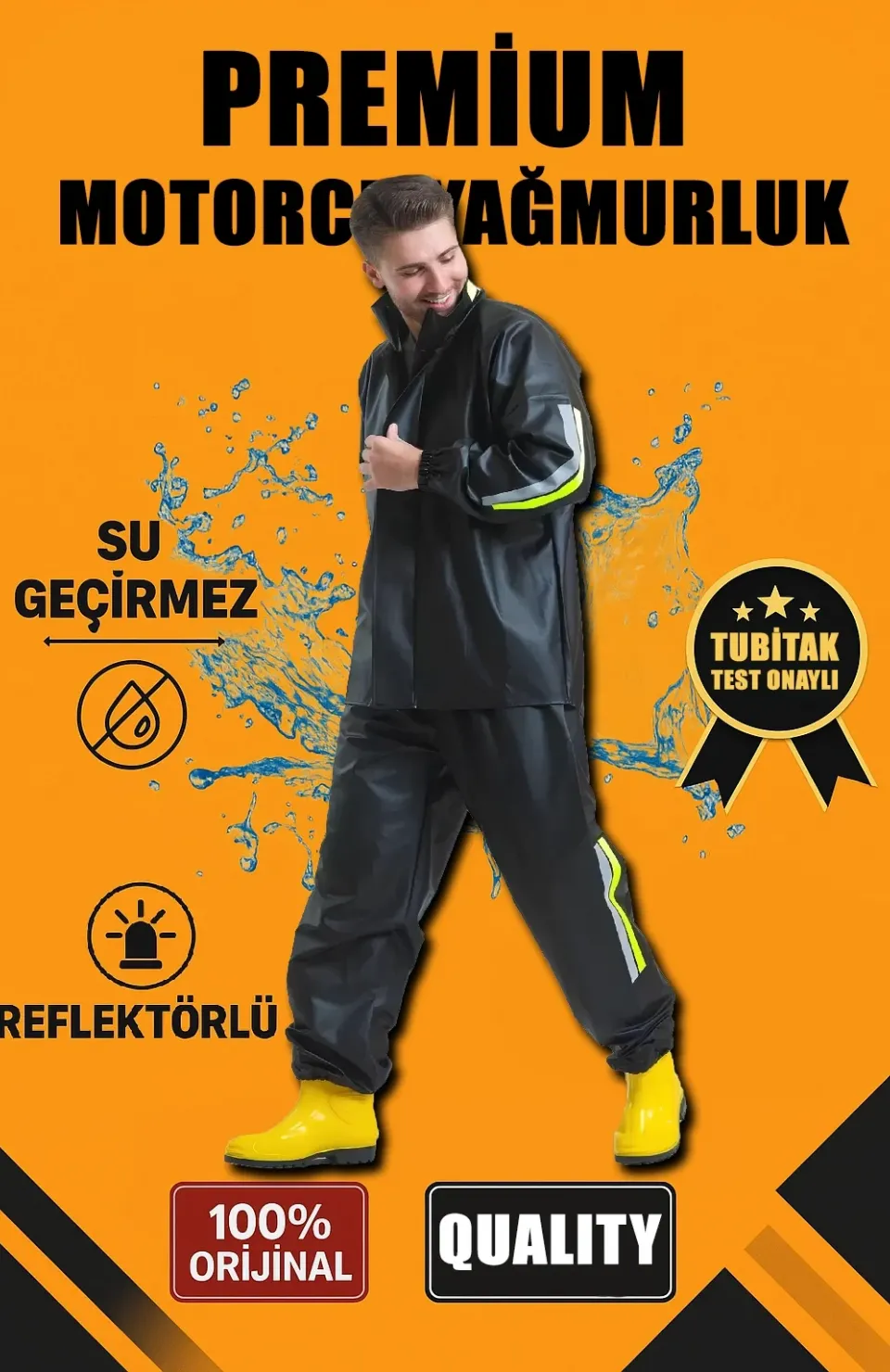 Premium Motorcu Kurye Yağmurluk Takım Su Geçirmez PVC Kumaş Reflektörlü TÜBİTAK Onaylı - Siyah