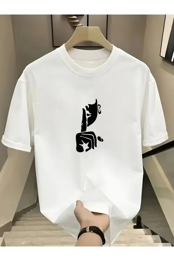 Rahat Bisiklet Yaka Tişört, Yaratıcı Karikatür Baskı - Yumuşak Polyester, Her Mevsim Giyilebilir- Beyaz