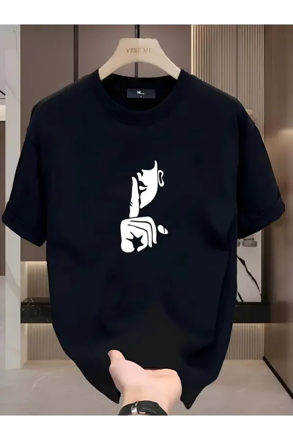 Rahat Bisiklet Yaka Tişört, Yaratıcı Karikatür Baskı - Yumuşak Polyester, Her Mevsim Giyilebilir- Siyah