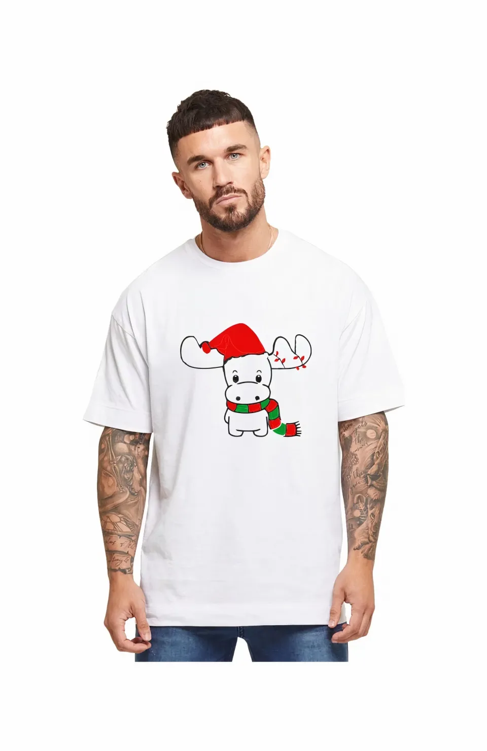 Ren Geyiği baskılı Noel İçin T-shirt - Beyaz