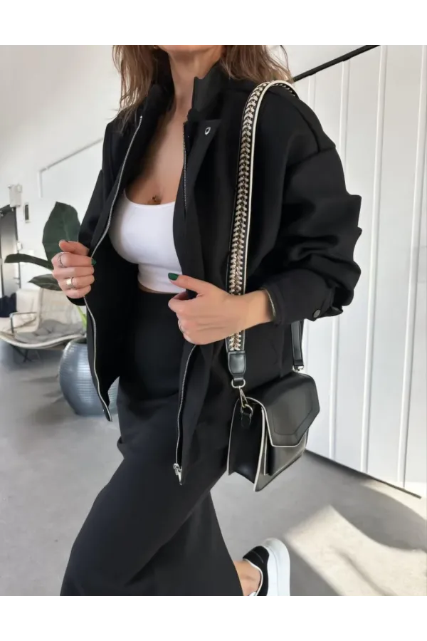 RYSE Kadın Mevsim Kaşe Fermuarlı Ceket Etek Takım Kaşmir Ceket Etekli  İkili Takım Kaşe Bomber Ceket-Etek Takım