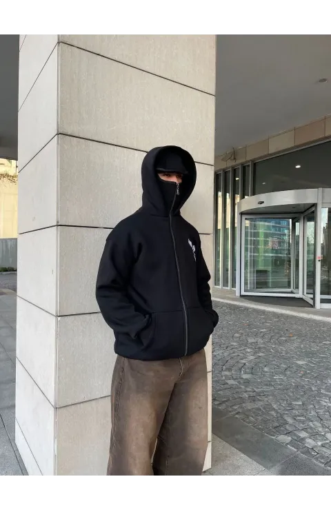 Samuray kapüşonlu ZIP Fermuarlı kapüşonlu SweatShirt - Siyah