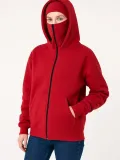 Samuray Ninja Çift Kapüşonlu Kadın Hoodie Oversize Kanguru Cepli, Bahar & Kışlık Fermuarlı Sweatshirt- Kırmızı
