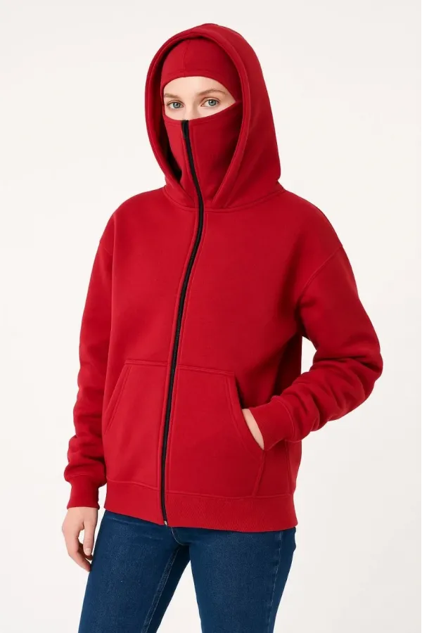Samuray Ninja Çift Kapüşonlu Kadın Hoodie Oversize Kanguru Cepli, Bahar & Kışlık Fermuarlı Sweatshirt- Kırmızı