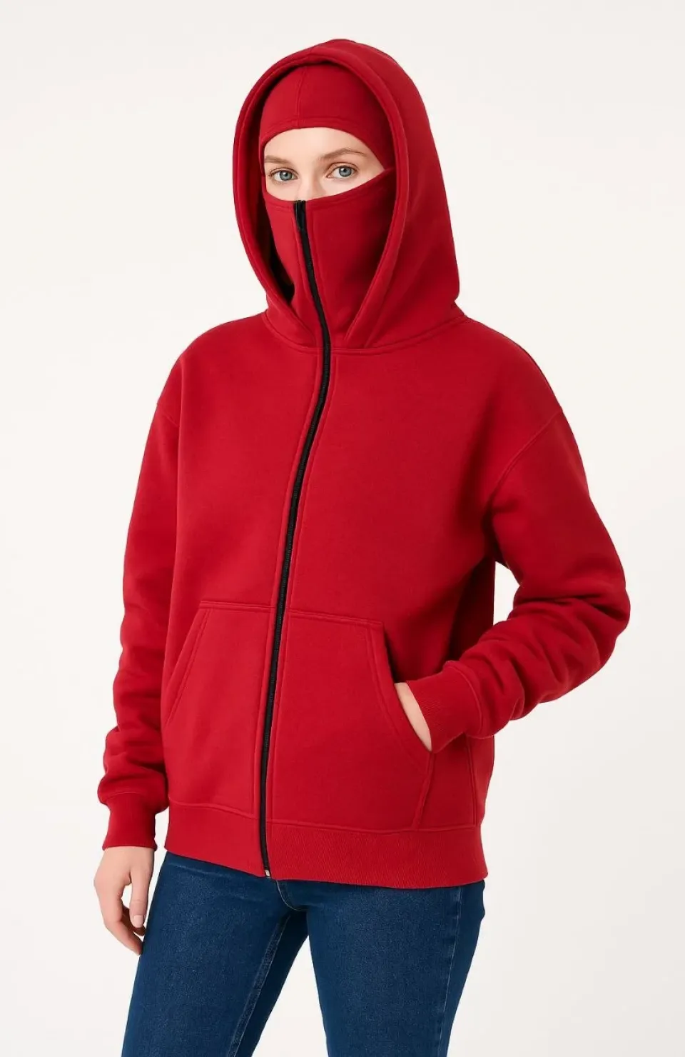 Samuray Ninja Çift Kapüşonlu Kadın Hoodie Oversize Kanguru Cepli, Bahar & Kışlık Fermuarlı Sweatshirt- Kırmızı