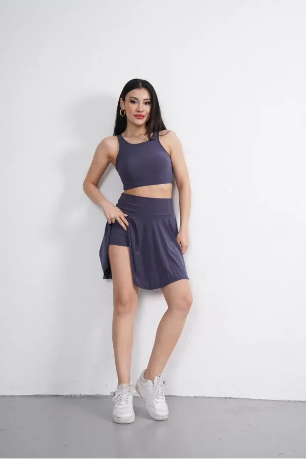 Sendy Kumaş Bisiklet Yaka Crop Şortlu Etek ikili Takım - Antrasit