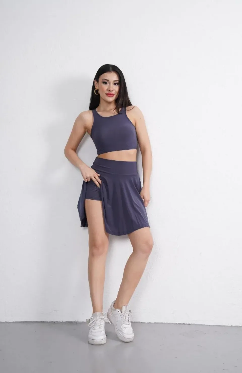 Sendy Kumaş Bisiklet Yaka Crop Şortlu Etek ikili Takım - Antrasit