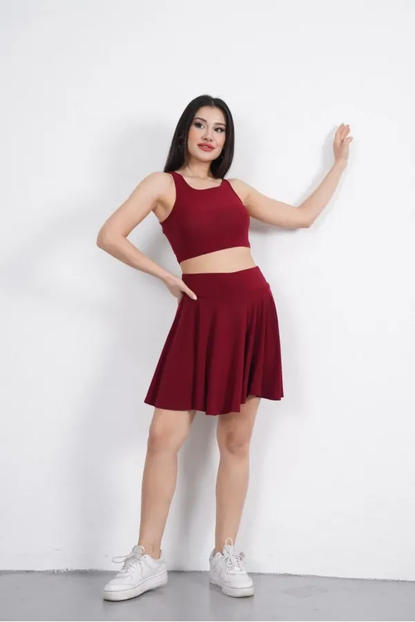 Sendy Kumaş Bisiklet Yaka Crop Şortlu Etek ikili Takım - Bordo