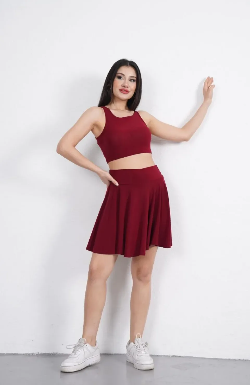 Sendy Kumaş Bisiklet Yaka Crop Şortlu Etek ikili Takım - Bordo