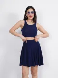Sendy Kumaş Bisiklet Yaka Crop Şortlu Etek ikili Takım - Lacivert
