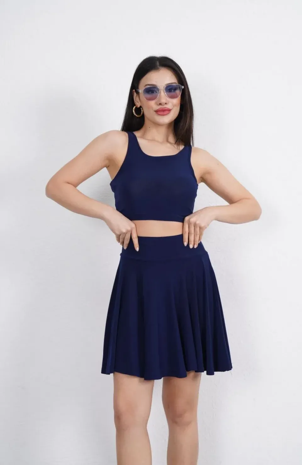 Sendy Kumaş Bisiklet Yaka Crop Şortlu Etek ikili Takım - Lacivert