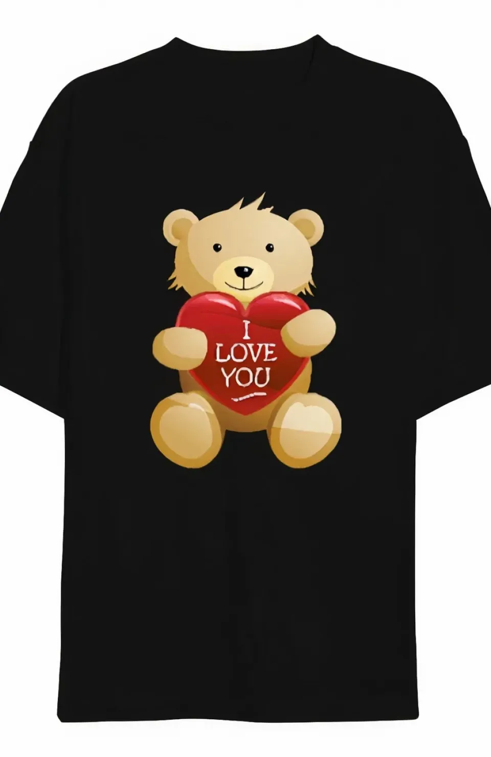 Sevgililer Günü İçin Özel Tasarım I Love You Ayı Baskılı T-shirt - Siyah