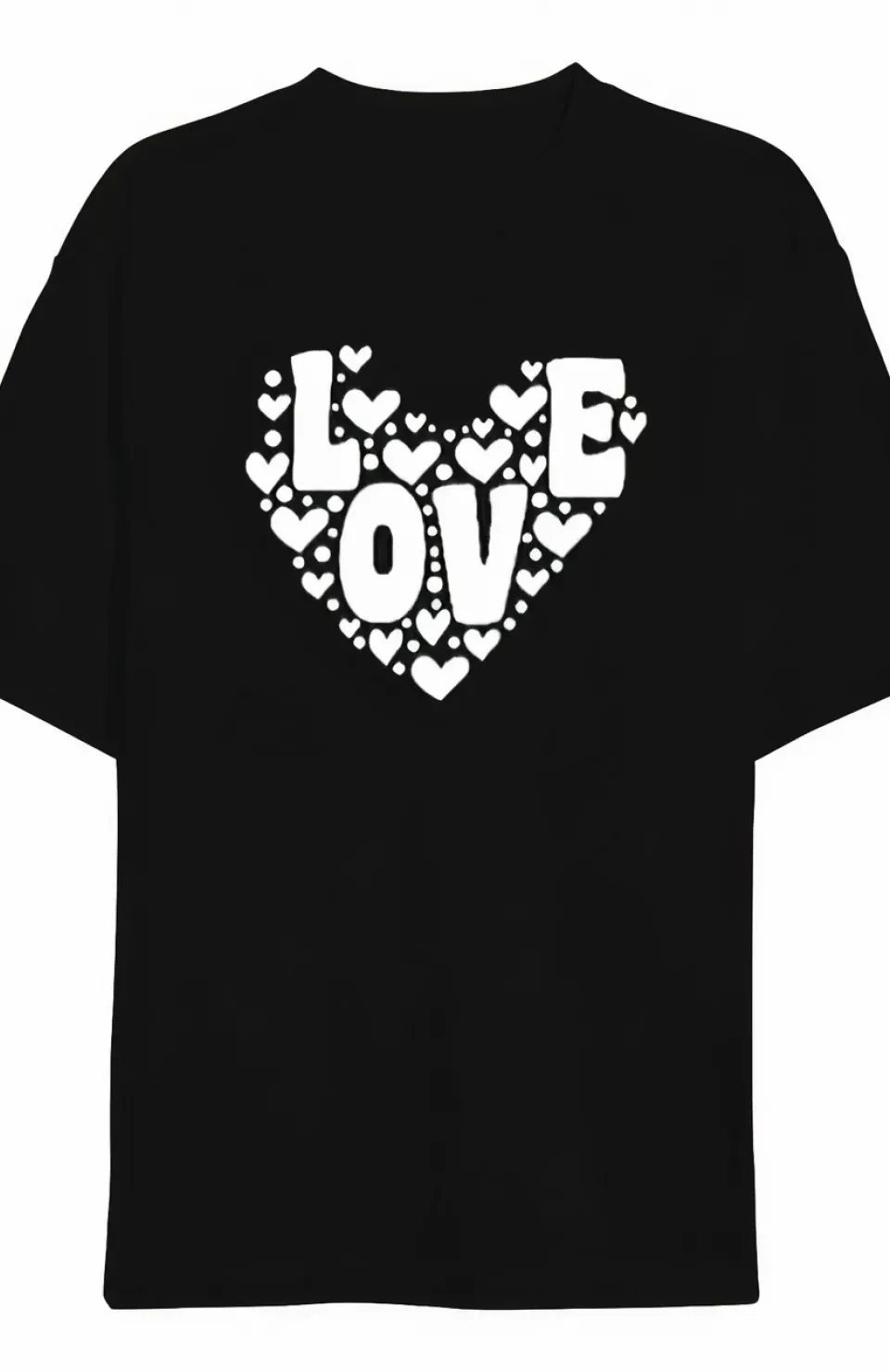 Sevgililer Günü İçin Özel Tasarım Love Kalp Baskılı T-shirt - Siyah