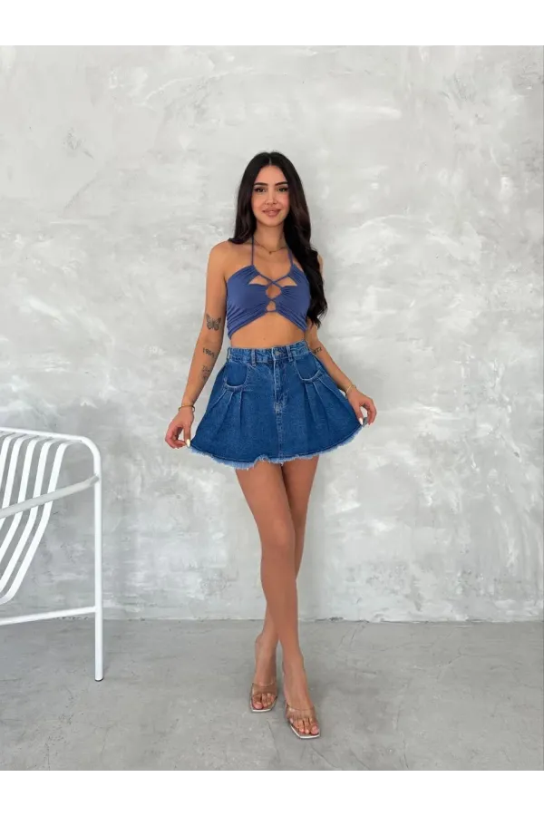 Şık Pileli Yazlık Mini Etekli Kot- Saks Mavisi