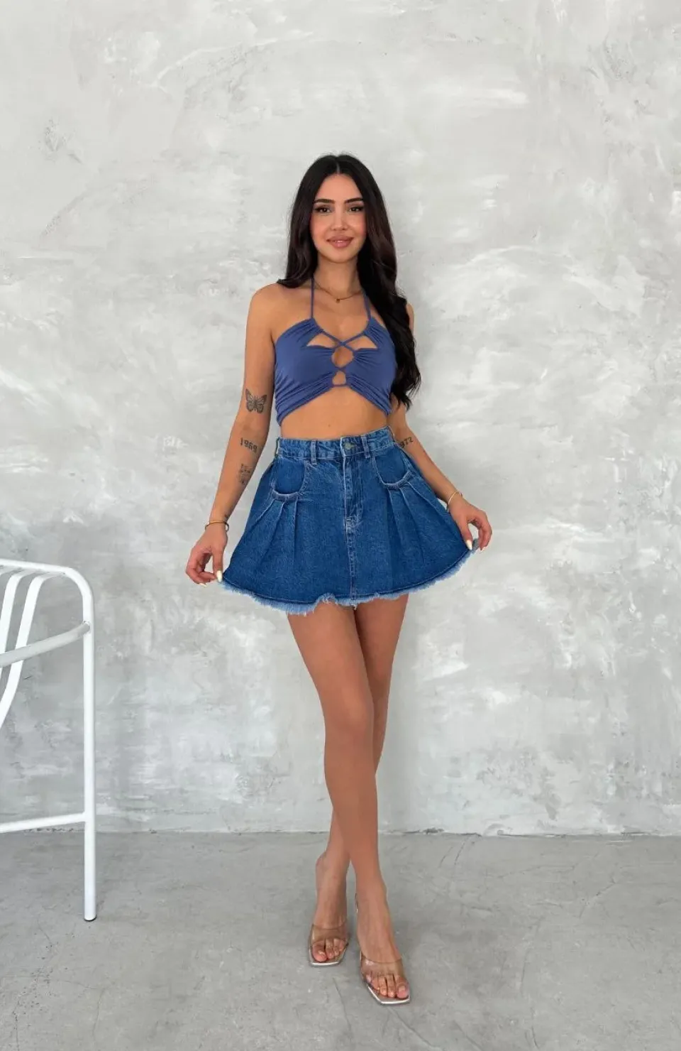 Şık Pileli Yazlık Mini Etekli Kot- Saks Mavisi