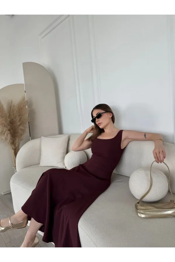 Sırt Dekolteli Kolsuz Uzun Elbise - Mürdüm