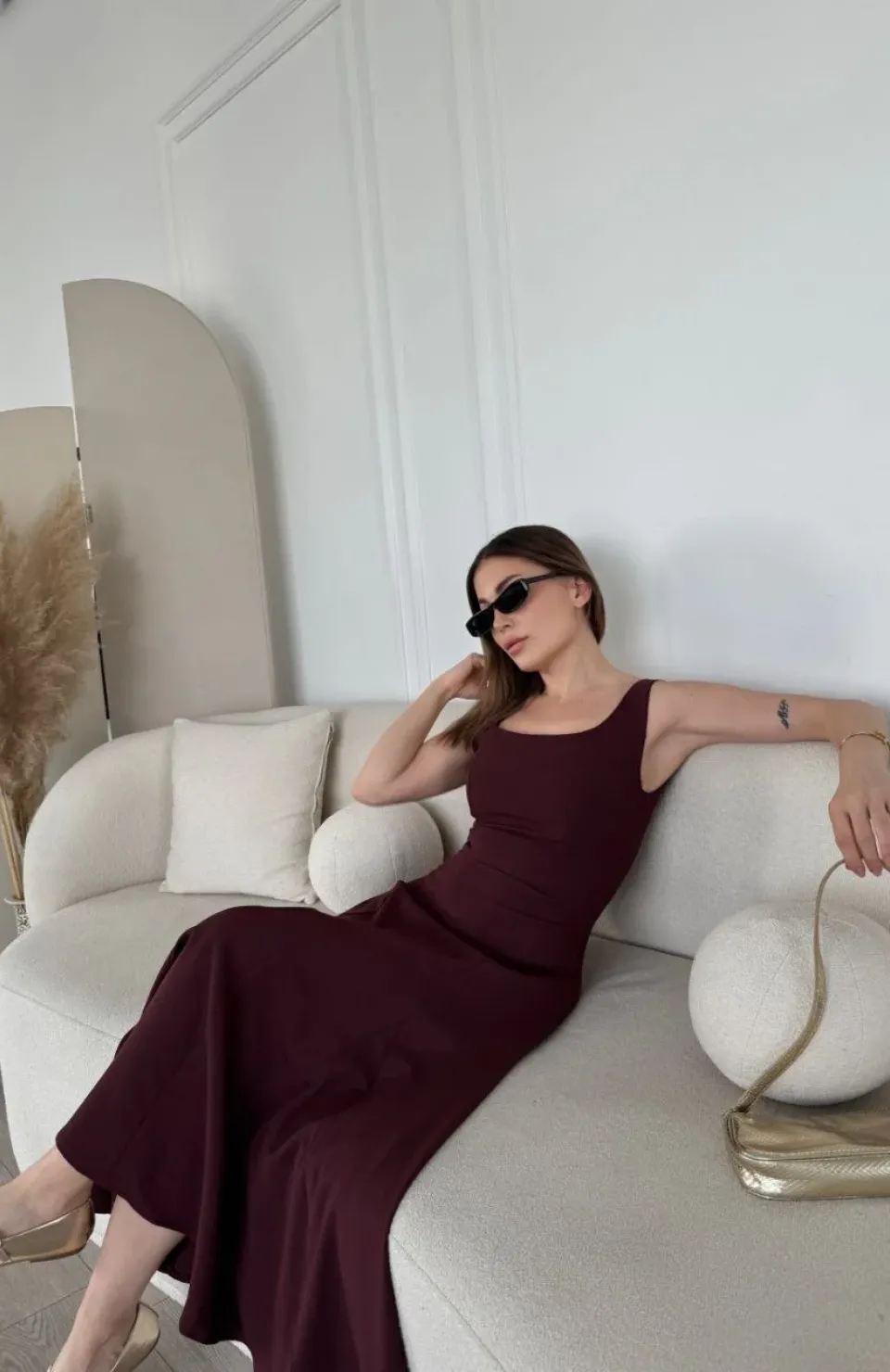 Sırt Dekolteli Kolsuz Uzun Elbise - Mürdüm