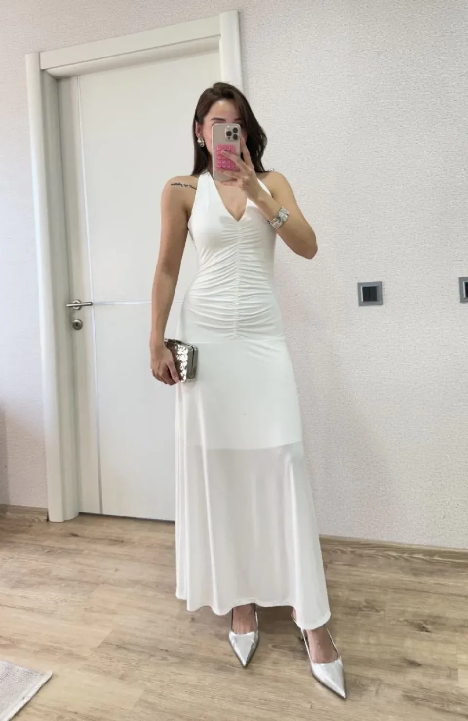 Sırt dekolteli Uzun Elbise - Beyaz