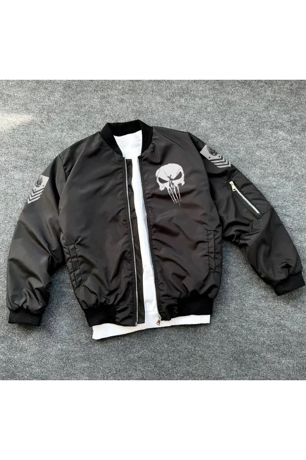 Siyah Askeri Tarz Bomber Mont – Unisex, Punisher Skull Detaylı, Fermuarlı, Cepli, Uzun Kollu, Bahar ve Kış Günlük Moda İçin Uygun - Siyah