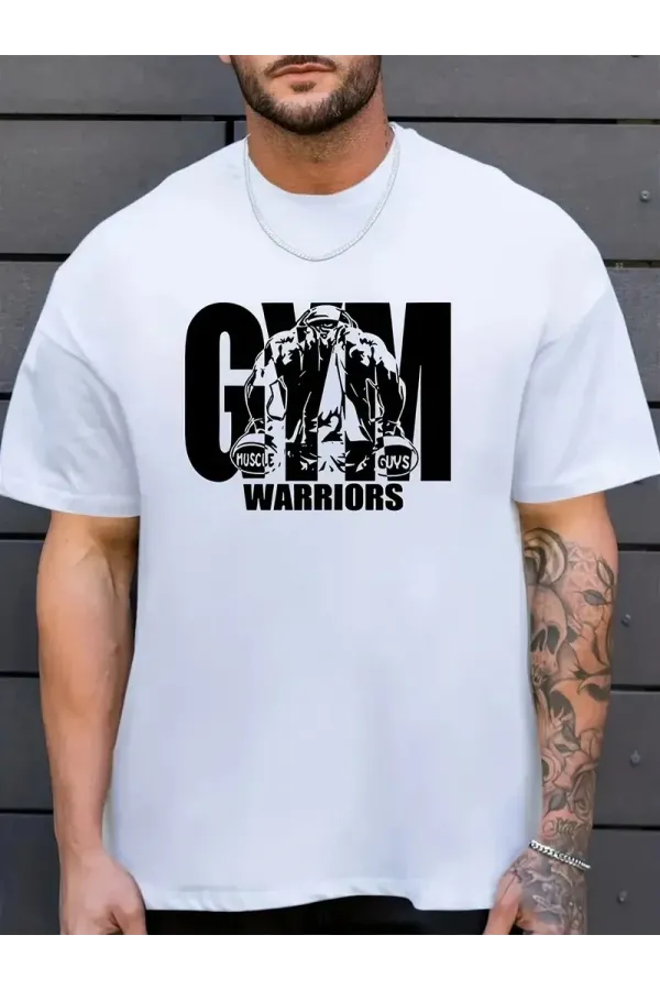 Sporda Günlük Hayata Giyilebilir GYM Baskılı Oversize Bisiklet Yaka Erkek T-shirt - Beyaz