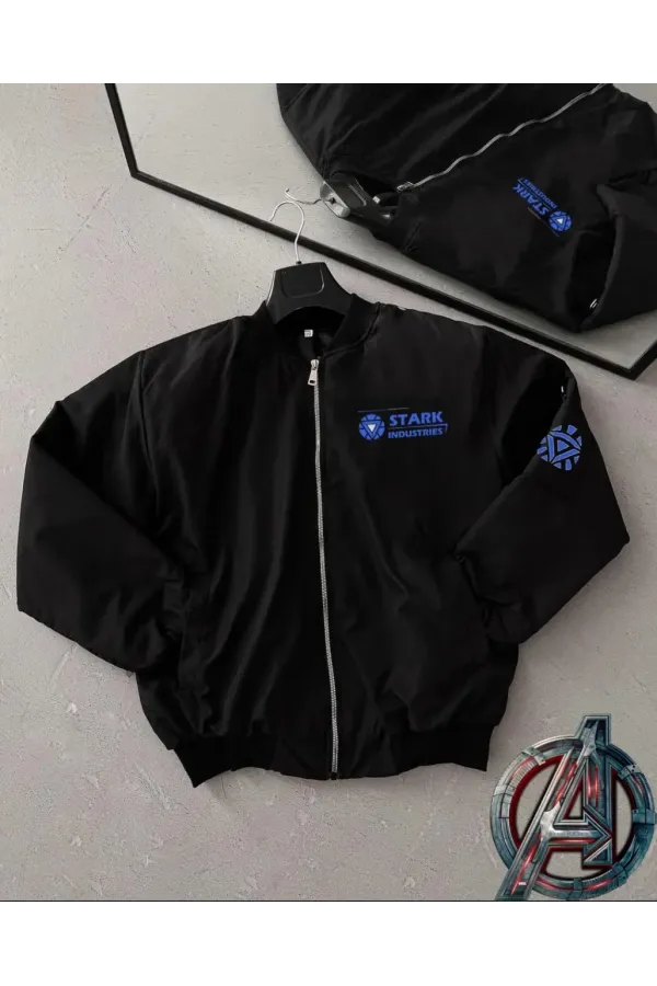 Stark Industries Siyah Bomber Mont – Fermuarlı, Cepli, Uzun Kollu, Kapitone Astarlı, Bahar ve Kış Mevsimi Rahat Unisex Ceket - Siyah