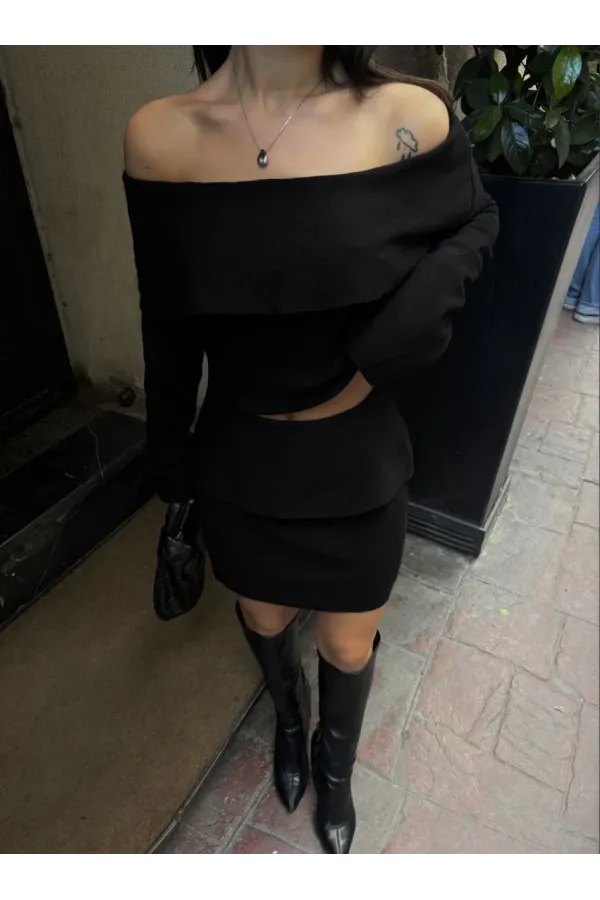 Straplez , Madonna , Carmen Yaka Croplu Mini Etekli ikili Takım Triko - Siyah