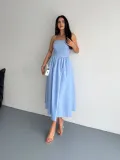 Straplez Pileli Elbise - Açık Mavi