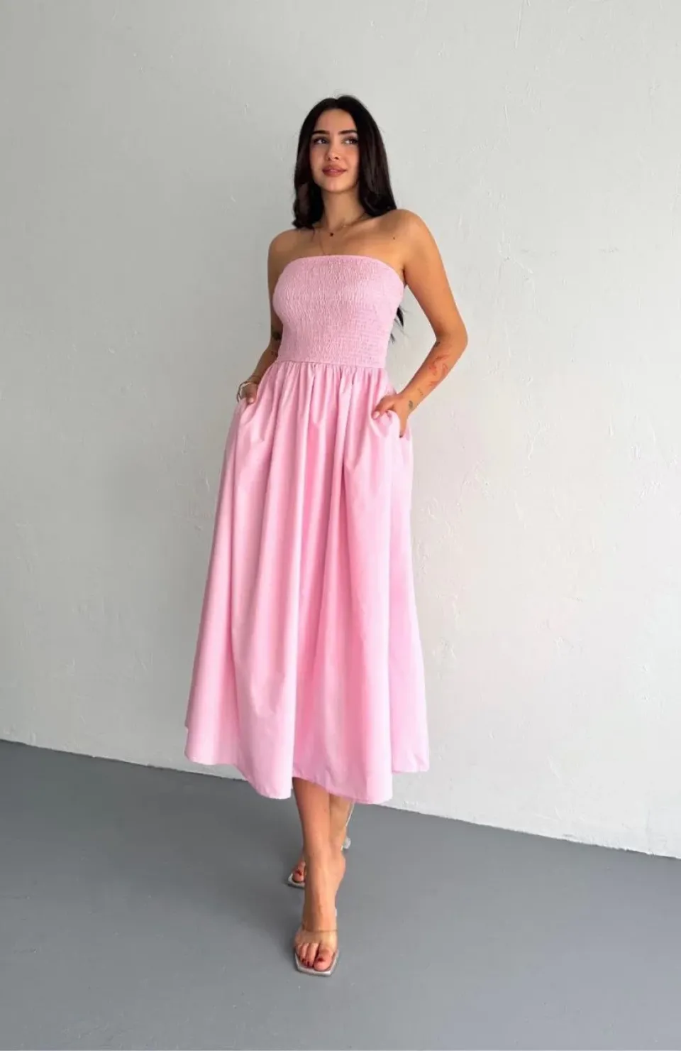 Straplez Pileli Elbise - Pembe