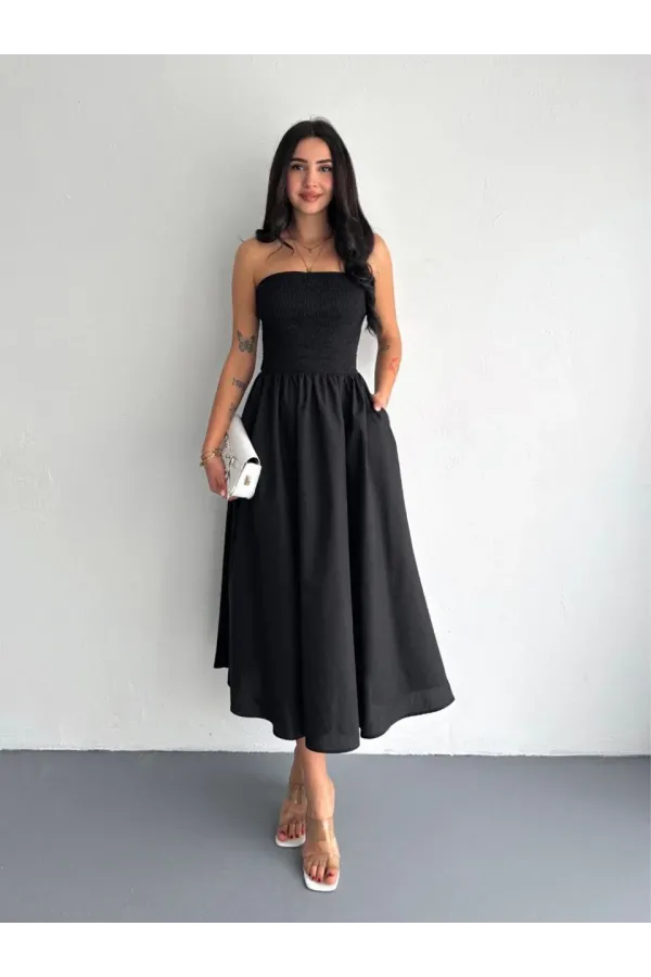 Straplez Pileli Elbise - Siyah
