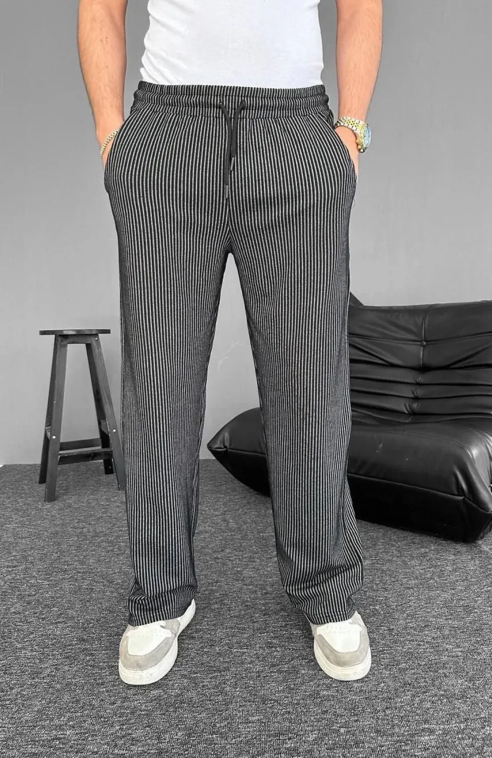 Su Yolu Çizgili Cepli Pantalon - Siyah