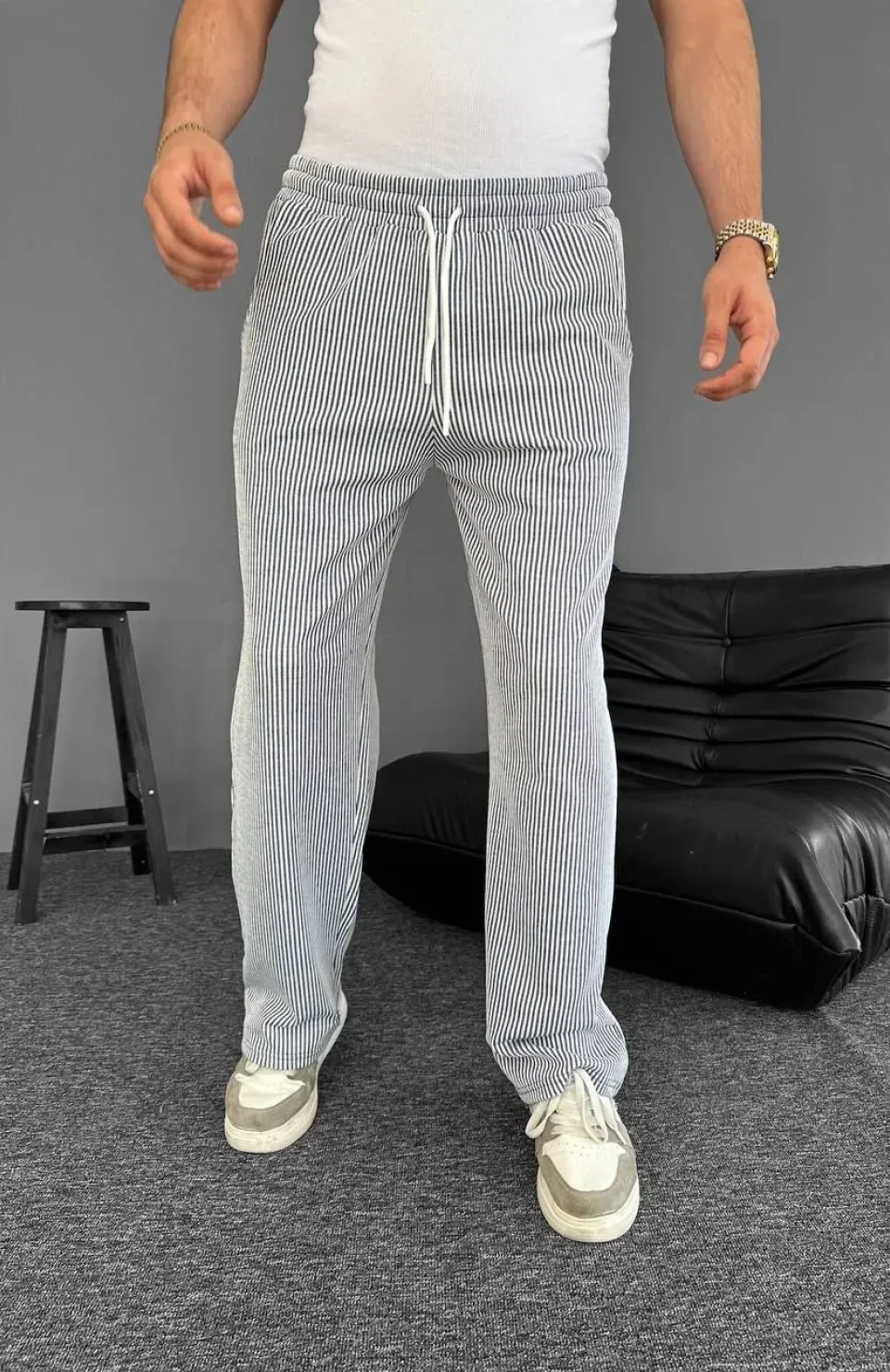 Su Yolu Çizgili Cepli Pantalon Yazlık - Gri