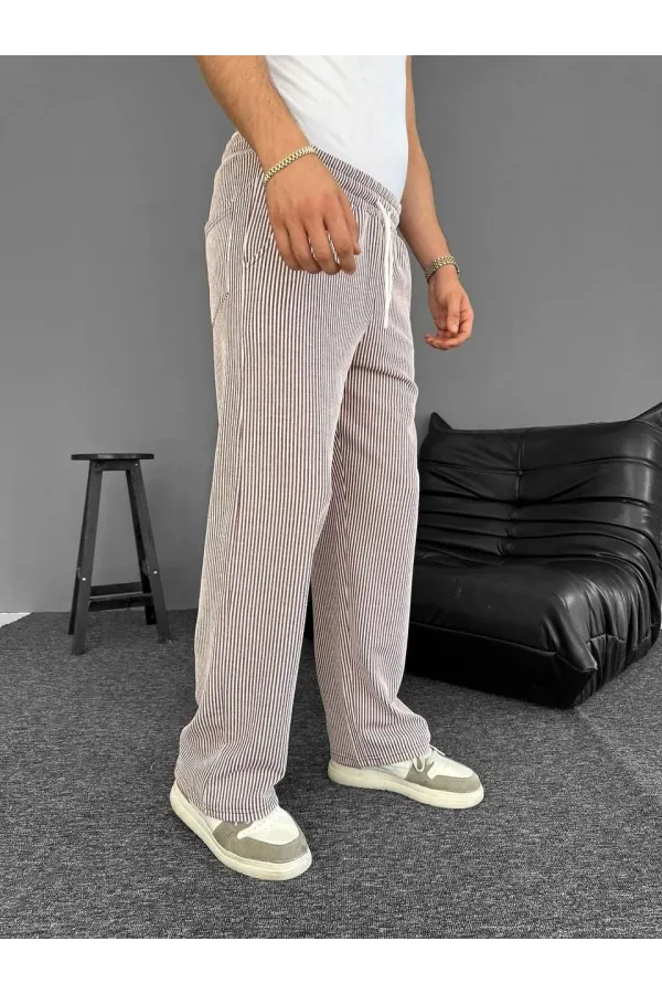 Su Yolu Çizgili Cepli Pantalon Yazlık - Kahverengi
