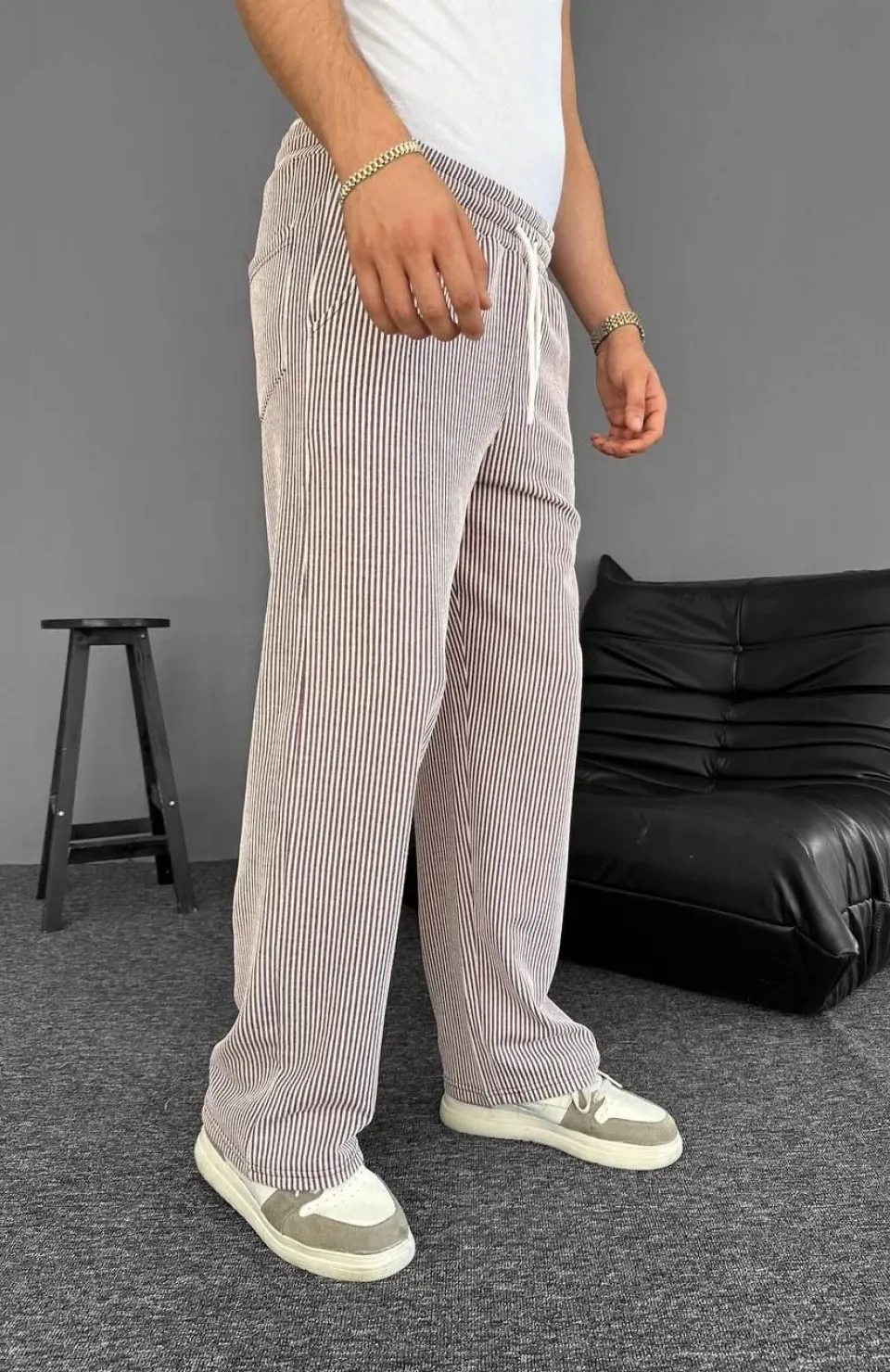 Su Yolu Çizgili Cepli Pantalon Yazlık - Kahverengi