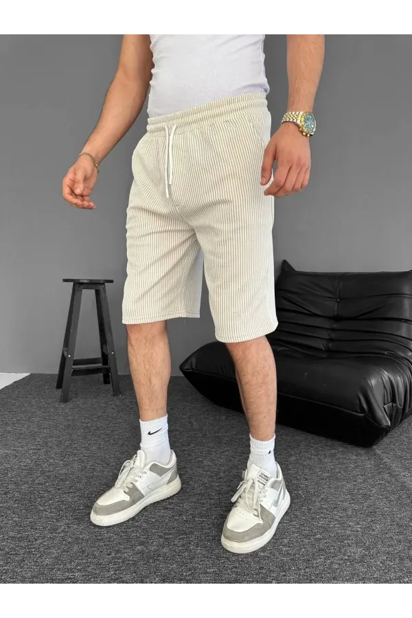 Su Yolu Çizgili Ön Arka Cepli Şort Yazlık Nefes Alabilir - Bej