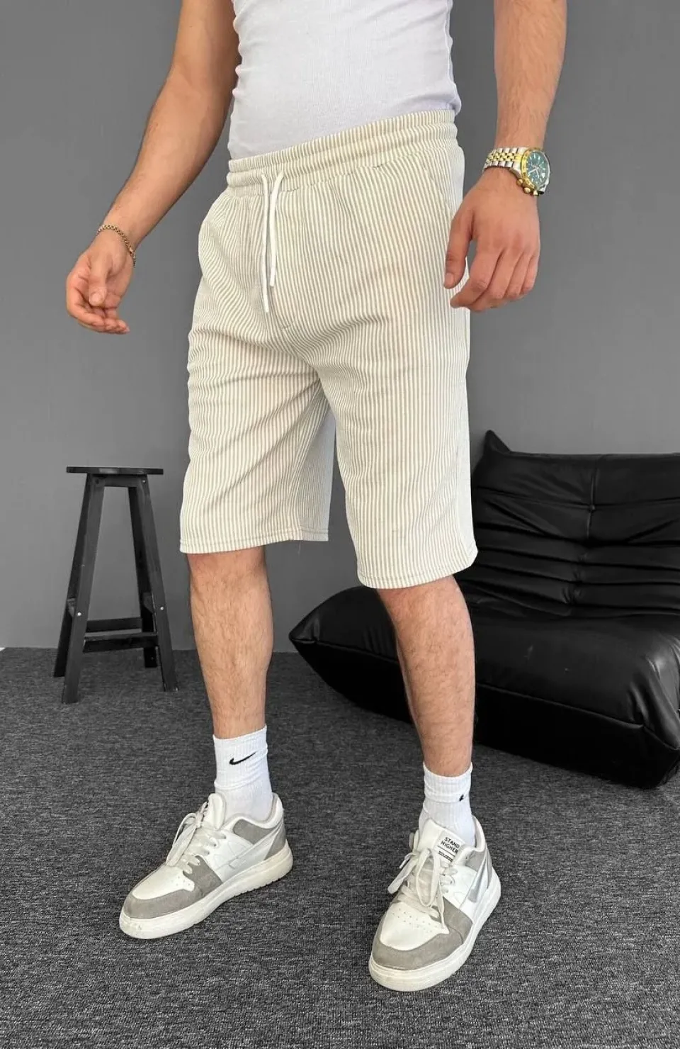 Su Yolu Çizgili Ön Arka Cepli Şort Yazlık Nefes Alabilir - Bej