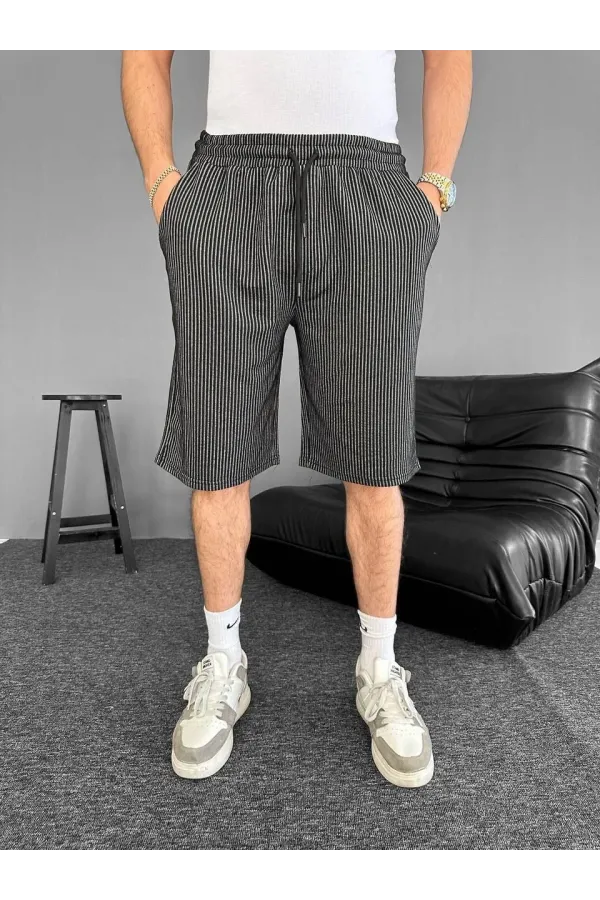 Su Yolu Çizgili Ön Arka Cepli Şort Yazlık Nefes Alabilir - Siyah